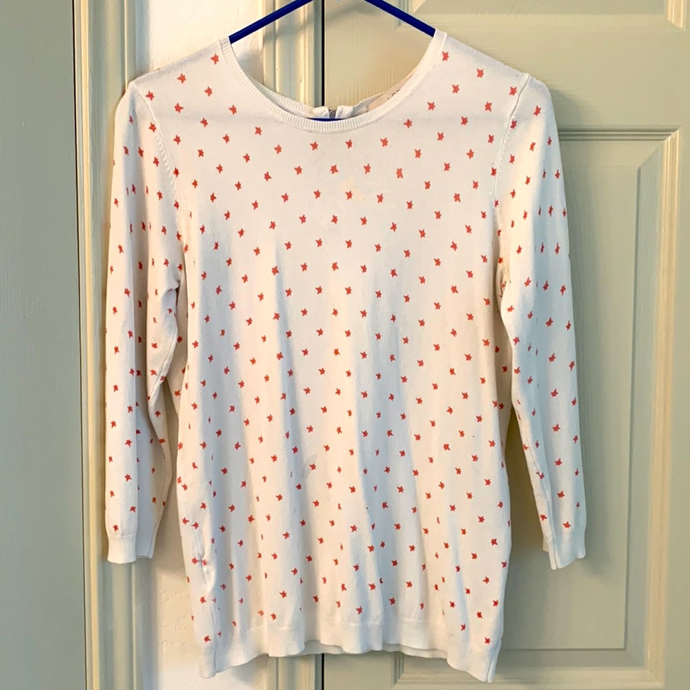 LOFT lightweight cream sweater with pink star pattern, shoulder zipper in back M